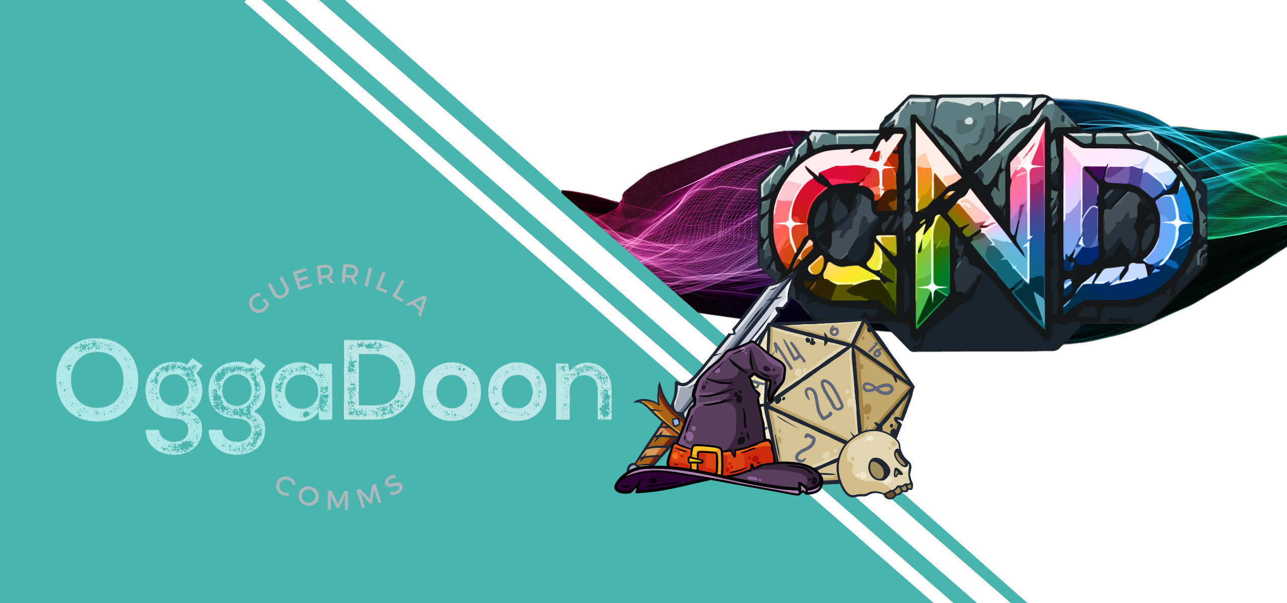 OggaDoon logo and Campaigns Never Die logo with 20 sided die and wizard hat